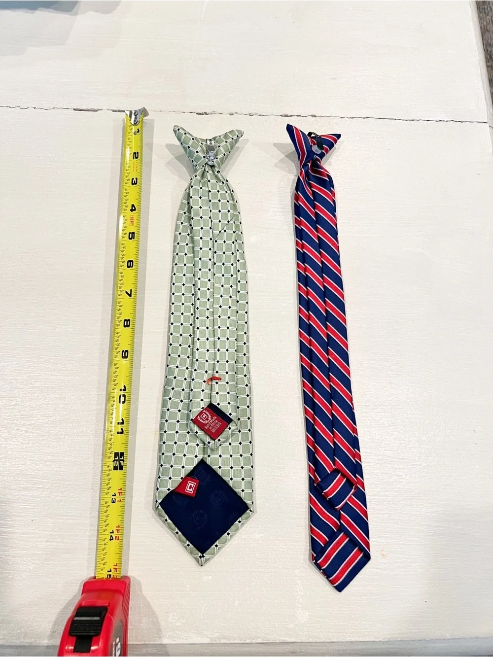 Bundle of 2 boys clip on Classic ties green geometric and navy/red stripe
